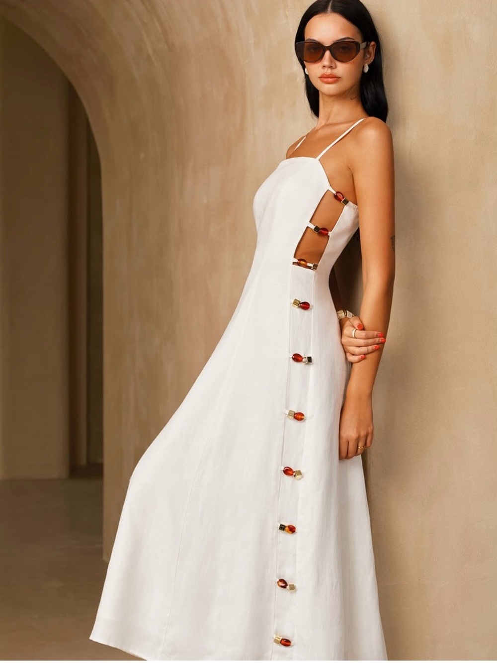 NWT COMMENSE White Linen Blend Cutout Maxi Dress Size S